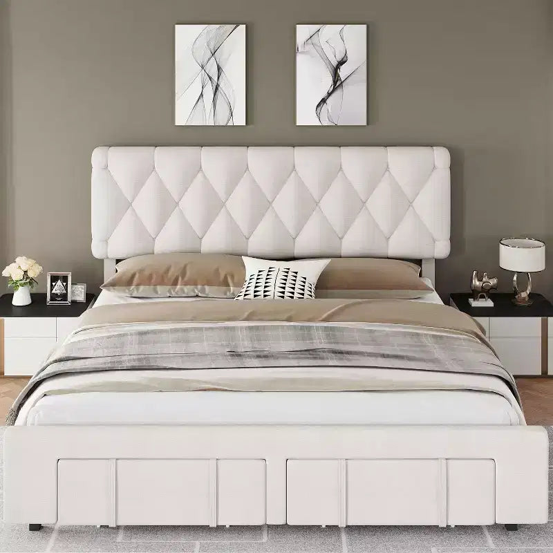 Velvet Upholstered Bed Frame with Storage Drawers, Platform Design with Solid Wooden Slats Support, No Box Spring Required.