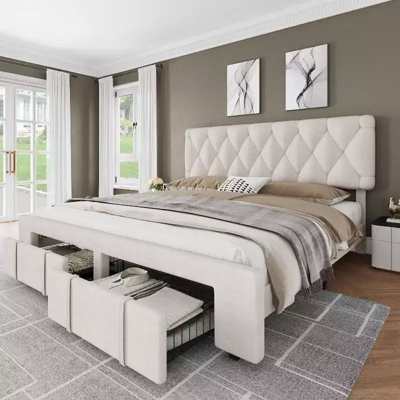 Letto imbottito in velluto con cassetti contenitore, design a piattaforma con supporto a doghe in legno massello, nessun materasso a molle richiesto.