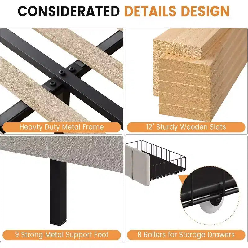 Letto imbottito in velluto con cassetti contenitore, design a piattaforma con supporto a doghe in legno massello, nessun materasso a molle richiesto.