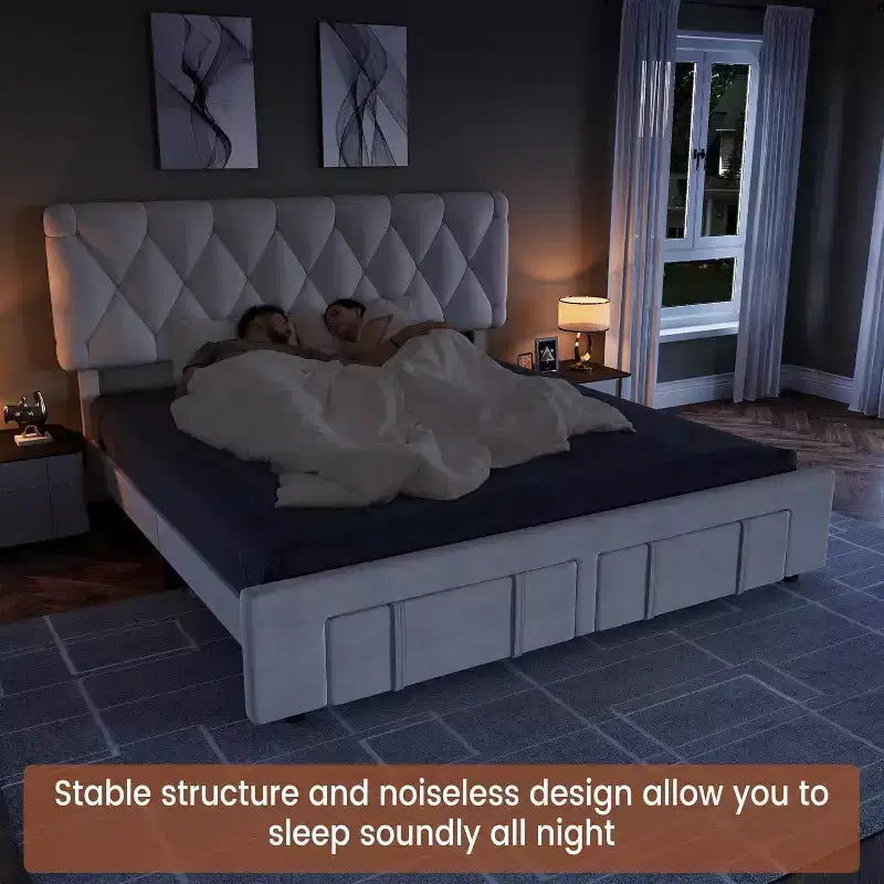 Letto imbottito in velluto con cassetti contenitore, design a piattaforma con supporto a doghe in legno massello, nessun materasso a molle richiesto.