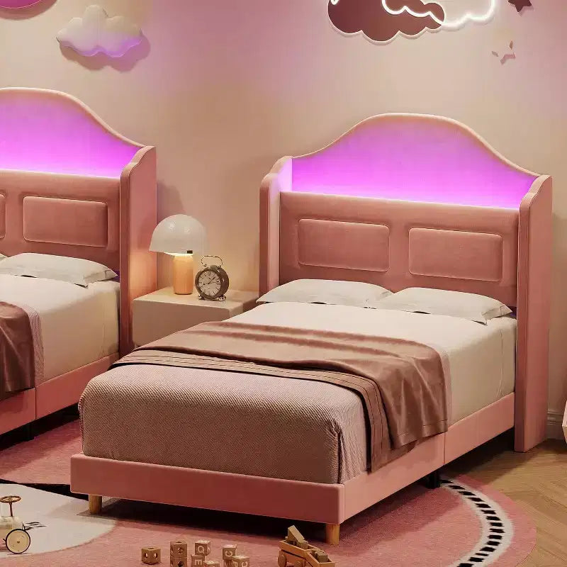 Telaio letto singolo imbottito in velluto con testiera contenitore ad alette, luci a LED, supporto a doghe in legno, nessun box spring richiesto, design a piattaforma.