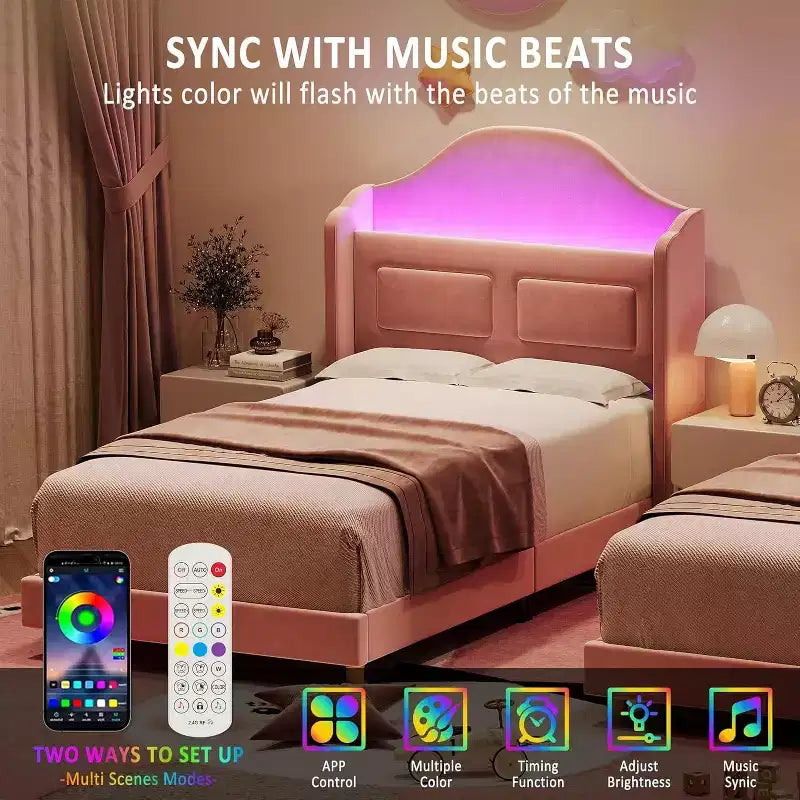 Telaio letto singolo imbottito in velluto con testiera contenitore ad alette, luci a LED, supporto a doghe in legno, nessun box spring richiesto, design a piattaforma.