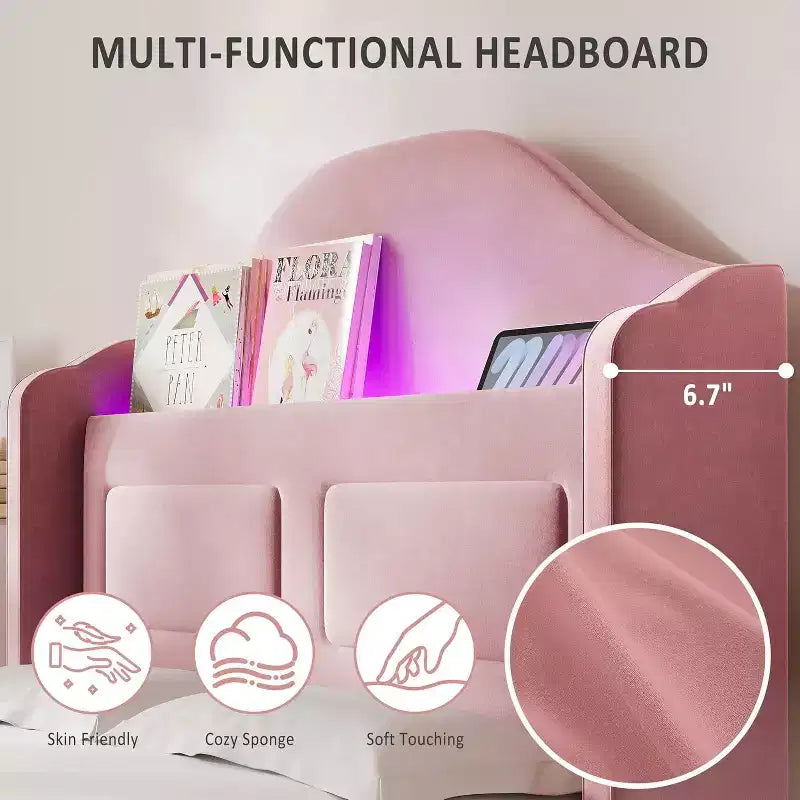 Telaio letto singolo imbottito in velluto con testiera contenitore ad alette, luci a LED, supporto a doghe in legno, nessun box spring richiesto, design a piattaforma.