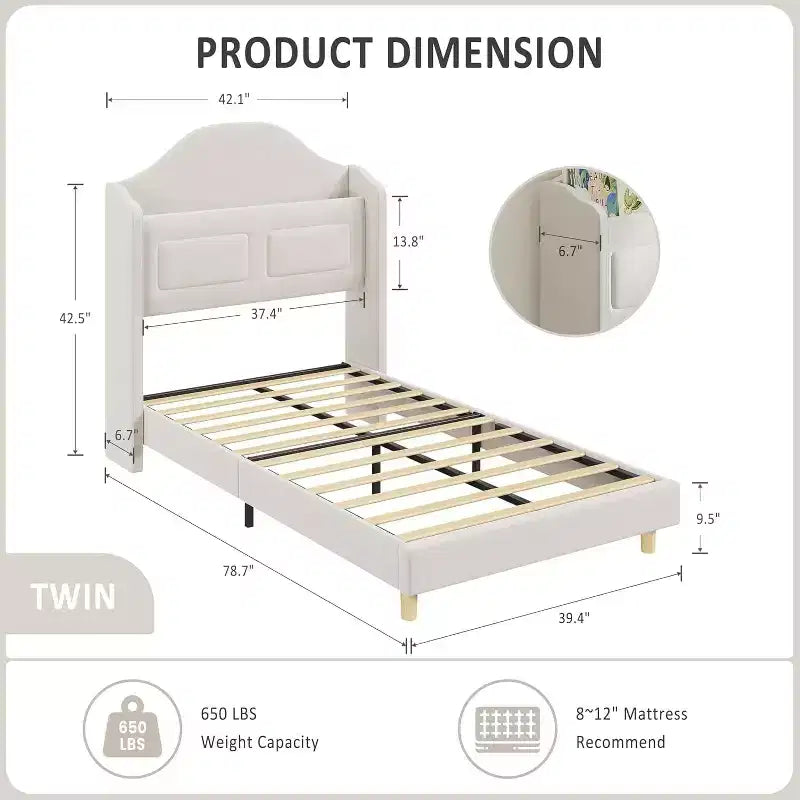 Telaio letto singolo imbottito in velluto con testiera contenitore ad alette, luci a LED, supporto a doghe in legno, nessun box spring richiesto, design a piattaforma.