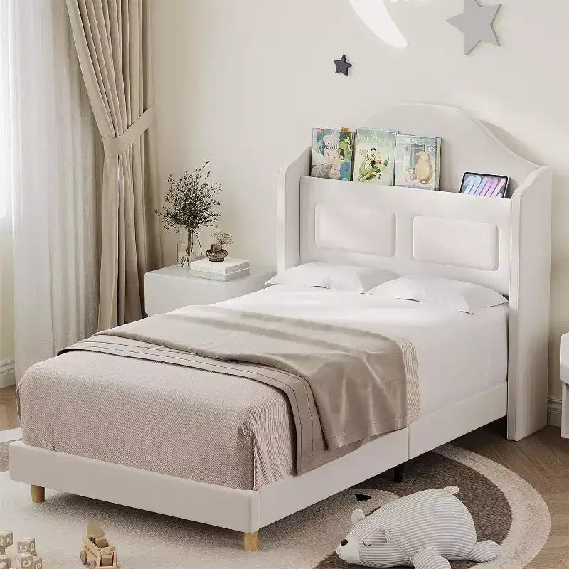 Telaio letto singolo imbottito in velluto con testiera contenitore ad alette, luci a LED, supporto a doghe in legno, nessun box spring richiesto, design a piattaforma.