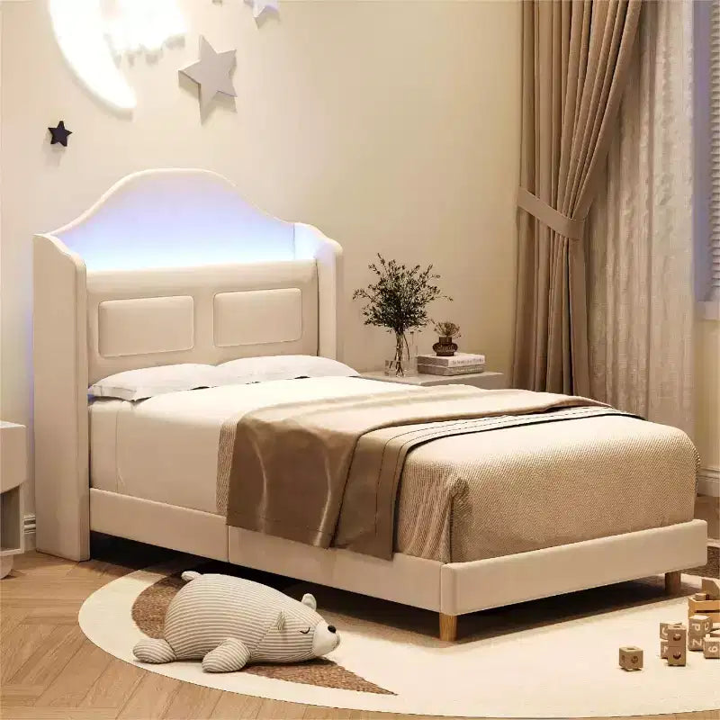 Telaio letto singolo imbottito in velluto con testiera contenitore ad alette, luci a LED, supporto a doghe in legno, nessun box spring richiesto, design a piattaforma.