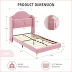 Telaio letto singolo imbottito in velluto con testiera contenitore ad alette, luci a LED, supporto a doghe in legno, nessun box spring richiesto, design a piattaforma.