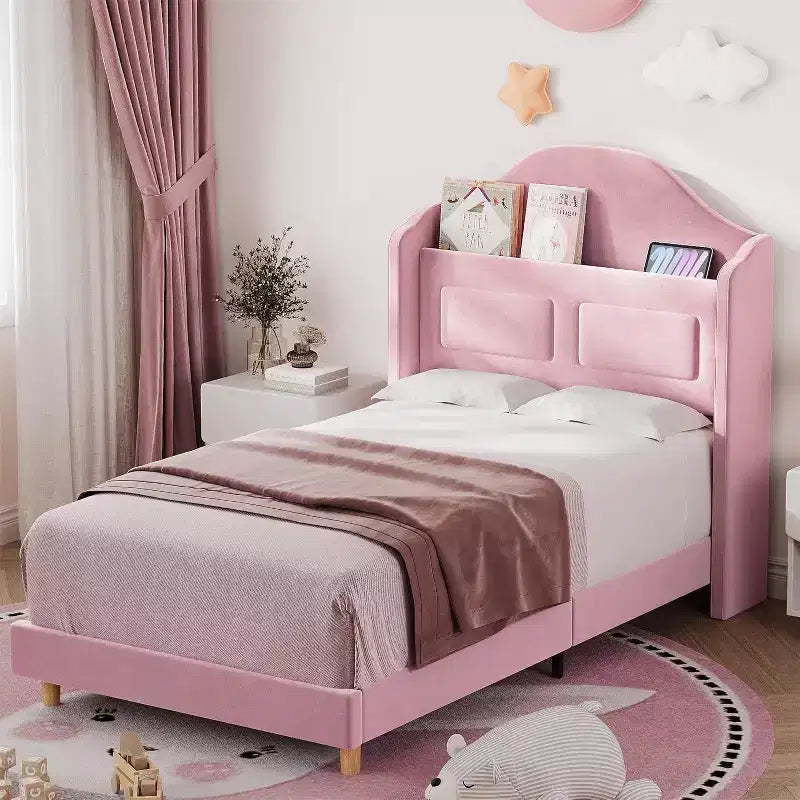 Telaio letto singolo imbottito in velluto con testiera contenitore ad alette, luci a LED, supporto a doghe in legno, nessun box spring richiesto, design a piattaforma.