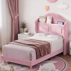 Telaio letto singolo imbottito in velluto con testiera contenitore ad alette, luci a LED, supporto a doghe in legno, nessun box spring richiesto, design a piattaforma.