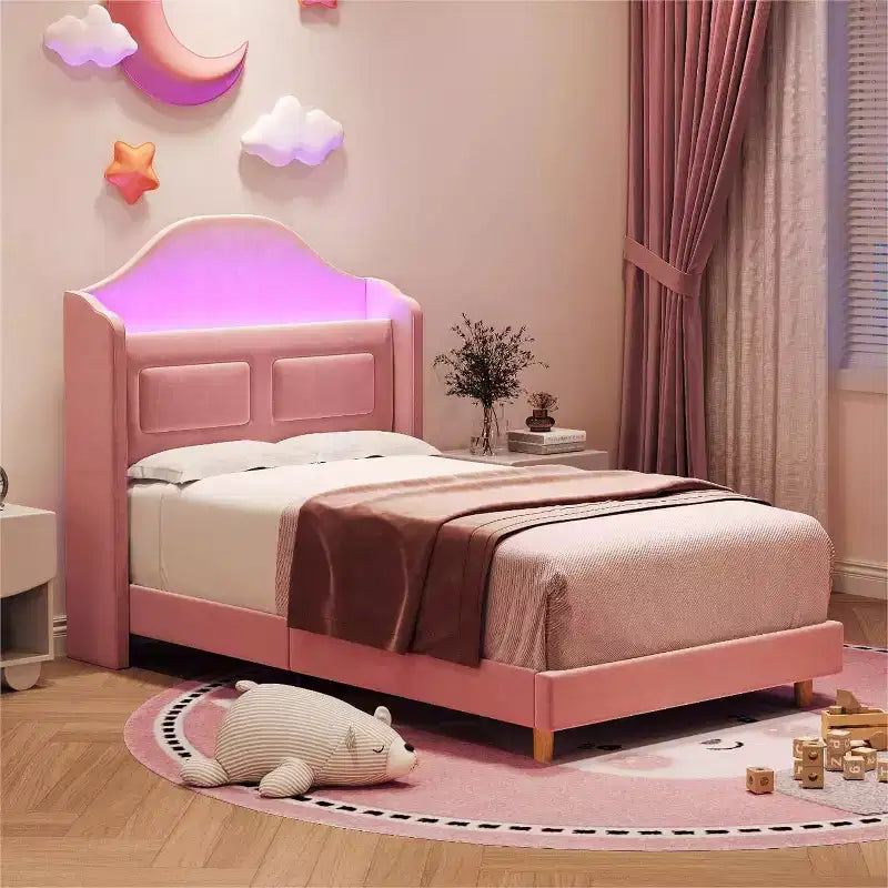 Telaio letto singolo imbottito in velluto con testiera contenitore ad alette, luci a LED, supporto a doghe in legno, nessun box spring richiesto, design a piattaforma.