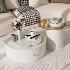 360 Rotatable Coffee Table Round Nesting Coffee Table with Flower Top & 2 Drawers, Accent Table Cocktail Table End Table Side Table-ModernLuxe
