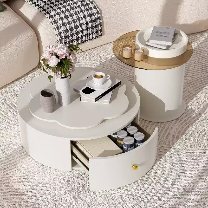 Tavolino da Caffè Rotante a 360°, Tavolino Nidificato Rotondo con Piano a Fiore e 2 Cassetti, Tavolino d'Appoggio Tavolino da Cocktail Tavolino Laterale-ModernLuxe