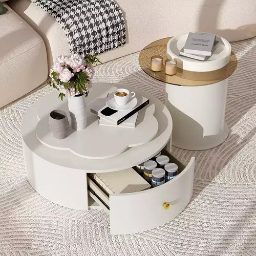 Tavolino da Caffè Rotante a 360°, Tavolino Nidificato Rotondo con Piano a Fiore e 2 Cassetti, Tavolino d'Appoggio Tavolino da Cocktail Tavolino Laterale-ModernLuxe