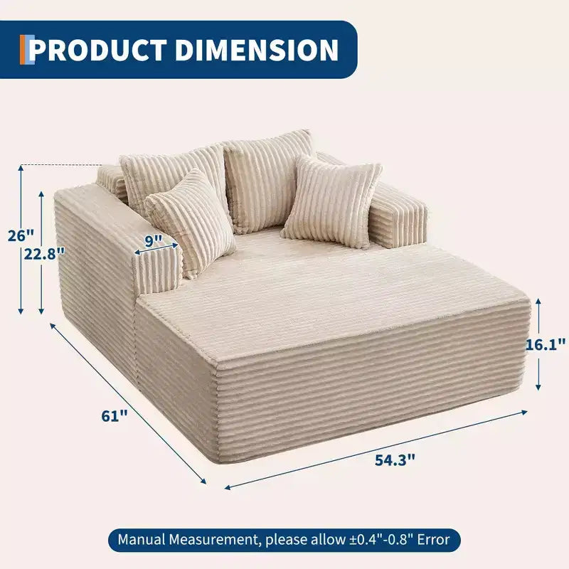 Chaise longue oversize da 61 pollici, divano imbottito in velluto a coste con 4 cuscini