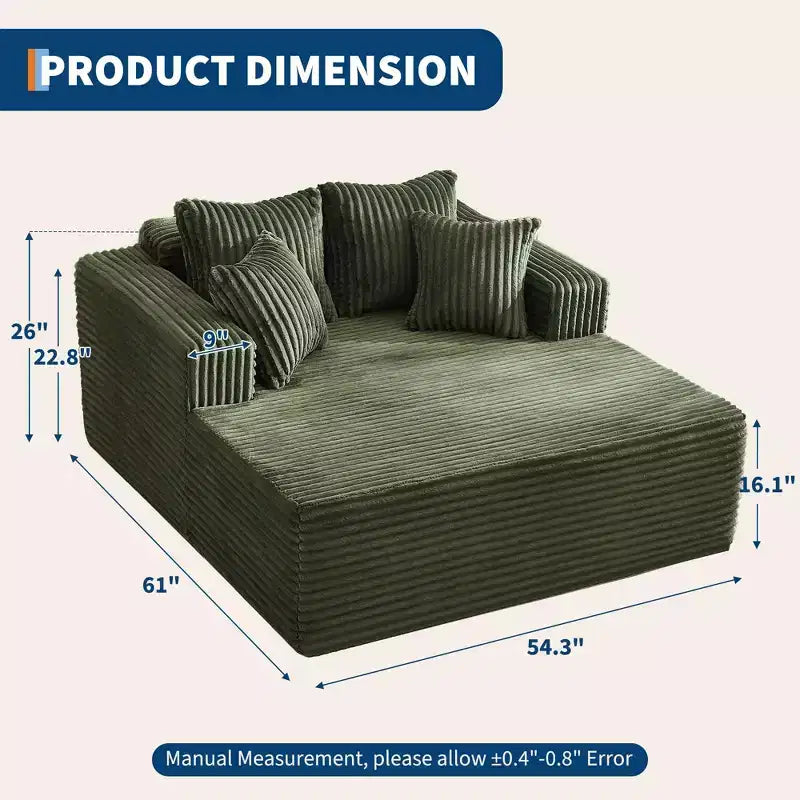 Chaise longue oversize da 61 pollici, divano imbottito in velluto a coste con 4 cuscini