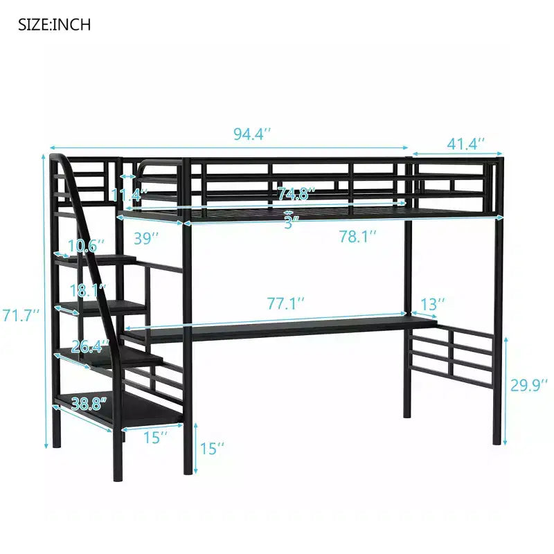 Letto a soppalco in metallo resistente con scrivania, letto a soppalco a una piazza e mezza con scale per camera da letto, dormitorio o camera per gli ospiti, nero