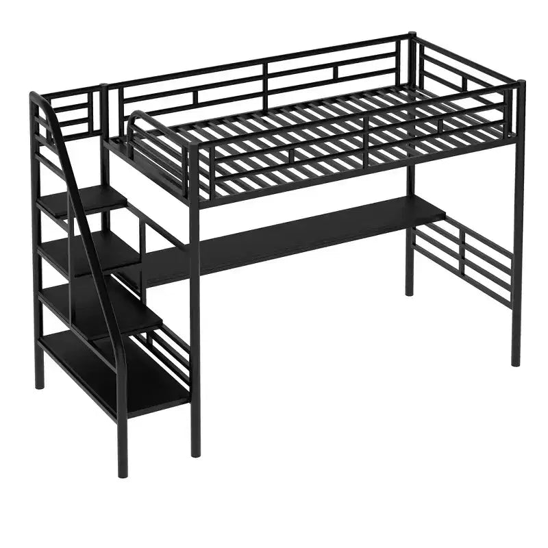 Letto a soppalco in metallo resistente con scrivania, letto a soppalco a una piazza e mezza con scale per camera da letto, dormitorio o camera per gli ospiti, nero