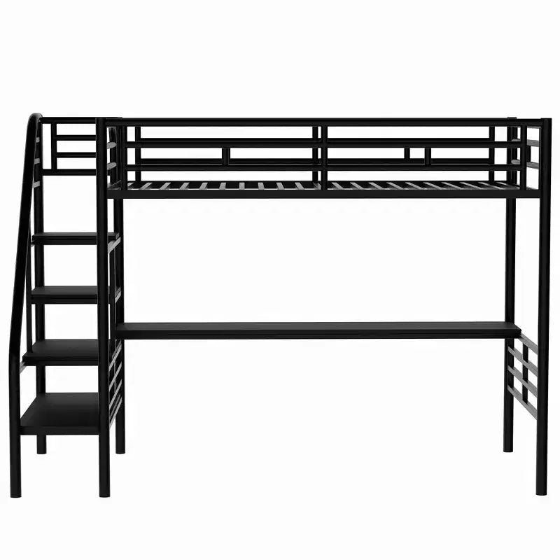 Letto a soppalco in metallo resistente con scrivania, letto a soppalco a una piazza e mezza con scale per camera da letto, dormitorio o camera per gli ospiti, nero
