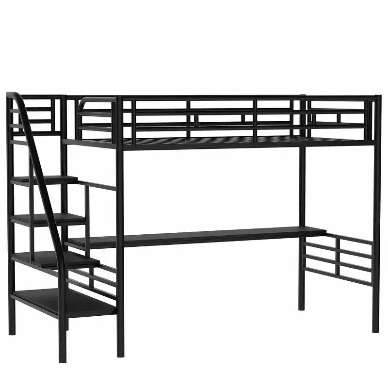 Letto a soppalco in metallo resistente con scrivania, letto a soppalco a una piazza e mezza con scale per camera da letto, dormitorio o camera per gli ospiti, nero