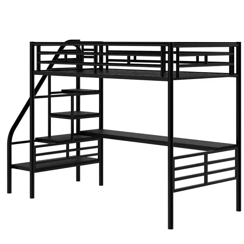 Letto a soppalco in metallo resistente con scrivania, letto a soppalco a una piazza e mezza con scale per camera da letto, dormitorio o camera per gli ospiti, nero