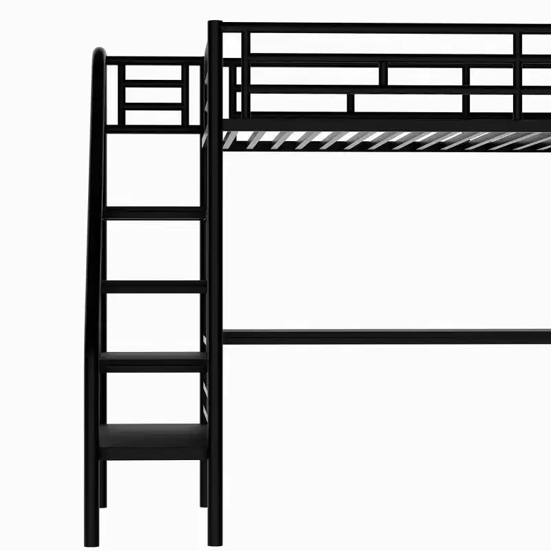Letto a soppalco in metallo resistente con scrivania, letto a soppalco a una piazza e mezza con scale per camera da letto, dormitorio o camera per gli ospiti, nero