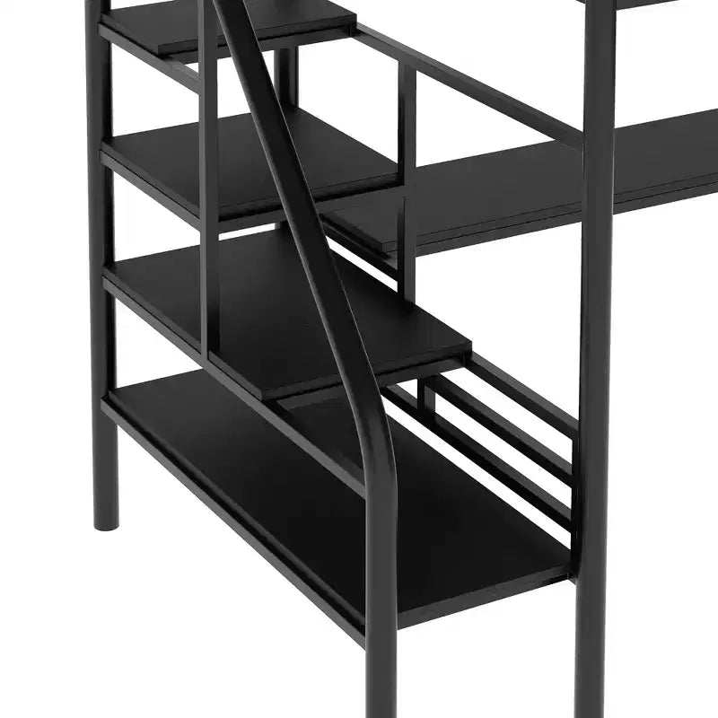 Letto a soppalco in metallo resistente con scrivania, letto a soppalco a una piazza e mezza con scale per camera da letto, dormitorio o camera per gli ospiti, nero