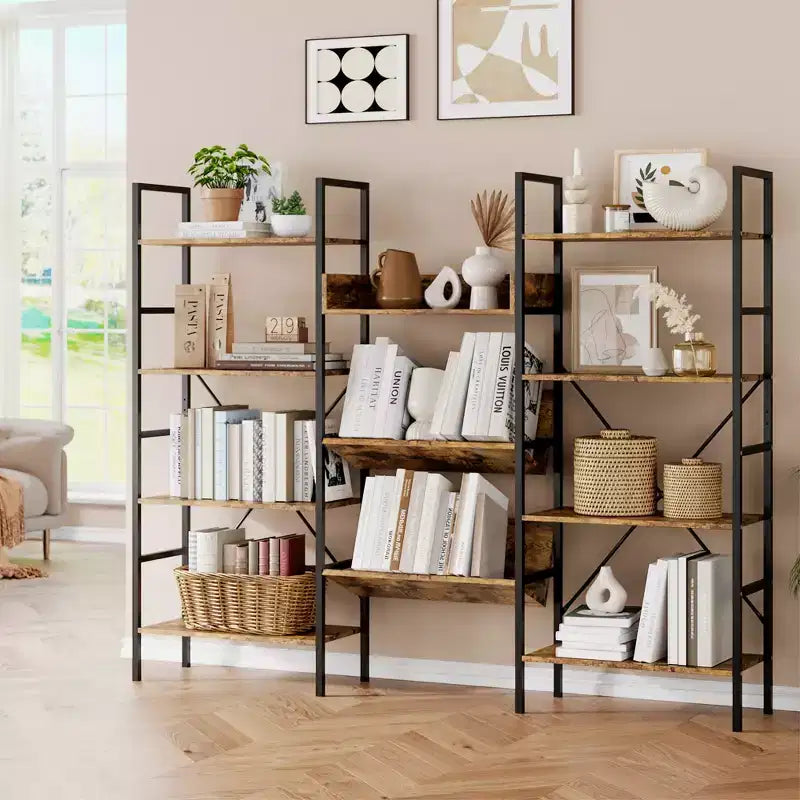 Libreria a 4 ripiani con 11 mensole aperte, libreria in stile industriale rustico per camera da letto, soggiorno e ufficio