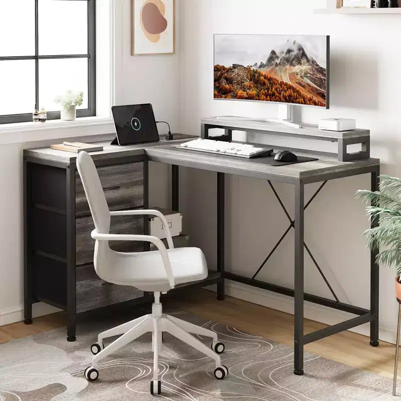 Scrivania gaming a L (47.3), Scrivania angolare reversibile con 3 cassetti, prese di corrente e porta USB per ufficio domestico (1 pezzo)