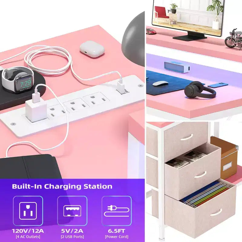 Scrivania gaming a L (47.3), Scrivania angolare reversibile con 3 cassetti, prese di corrente e porta USB per ufficio domestico (1 pezzo)
