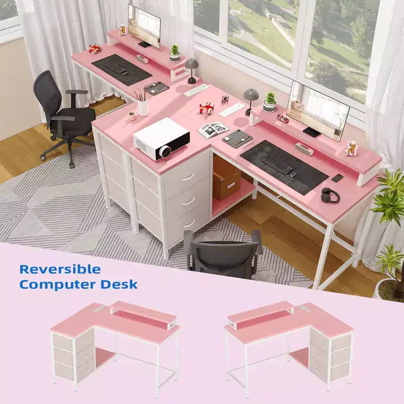 Scrivania gaming a L (47.3), Scrivania angolare reversibile con 3 cassetti, prese di corrente e porta USB per ufficio domestico (1 pezzo)
