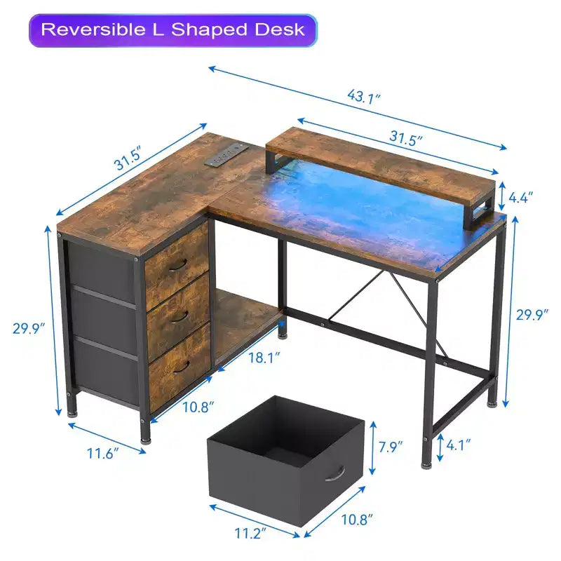 Scrivania gaming a L (47.3), Scrivania angolare reversibile con 3 cassetti, prese di corrente e porta USB per ufficio domestico (1 pezzo)