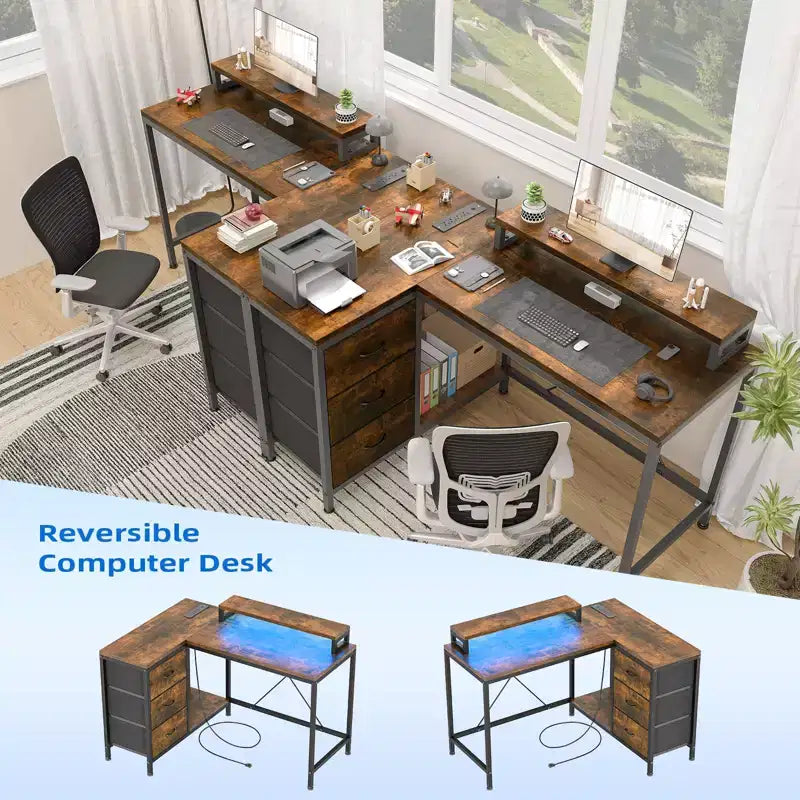 Scrivania gaming a L (47.3), Scrivania angolare reversibile con 3 cassetti, prese di corrente e porta USB per ufficio domestico (1 pezzo)