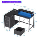 Scrivania gaming a L (47.3), Scrivania angolare reversibile con 3 cassetti, prese di corrente e porta USB per ufficio domestico (1 pezzo)
