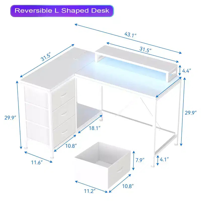 Scrivania gaming a L (47.3), Scrivania angolare reversibile con 3 cassetti, prese di corrente e porta USB per ufficio domestico (1 pezzo)