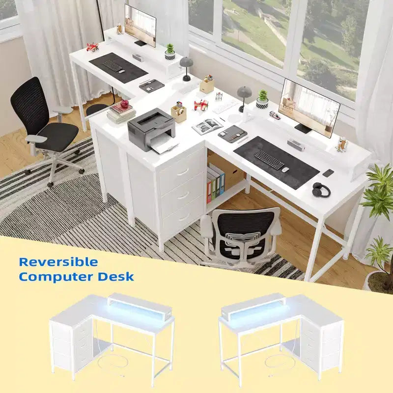 Scrivania gaming a L (47.3), Scrivania angolare reversibile con 3 cassetti, prese di corrente e porta USB per ufficio domestico (1 pezzo)