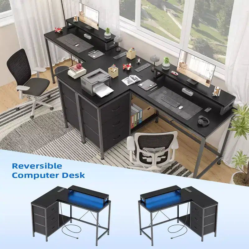 Scrivania gaming a L (47.3), Scrivania angolare reversibile con 3 cassetti, prese di corrente e porta USB per ufficio domestico (1 pezzo)