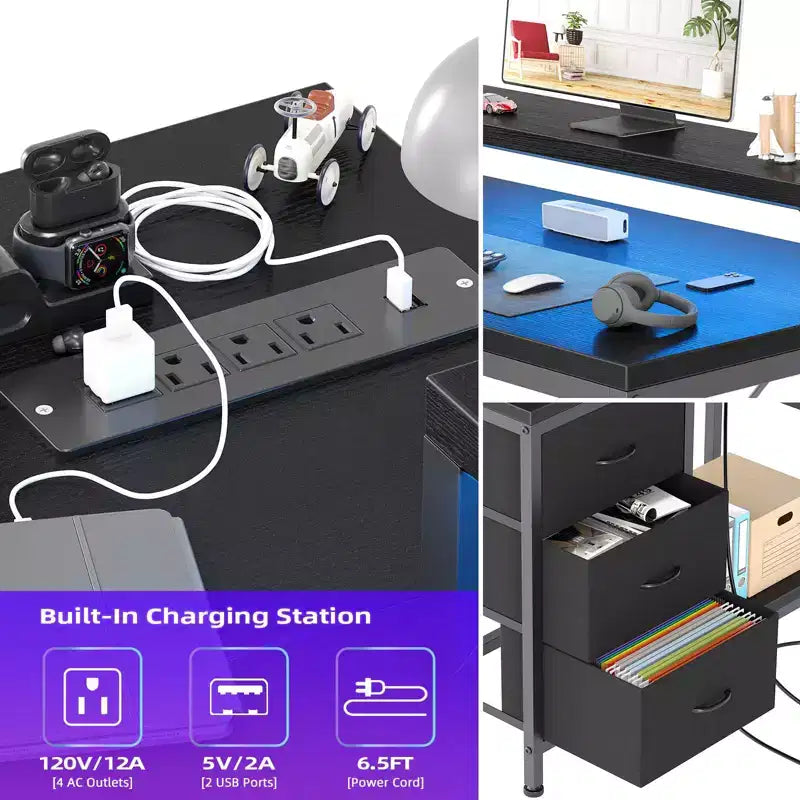 Scrivania gaming a L (47.3), Scrivania angolare reversibile con 3 cassetti, prese di corrente e porta USB per ufficio domestico (1 pezzo)