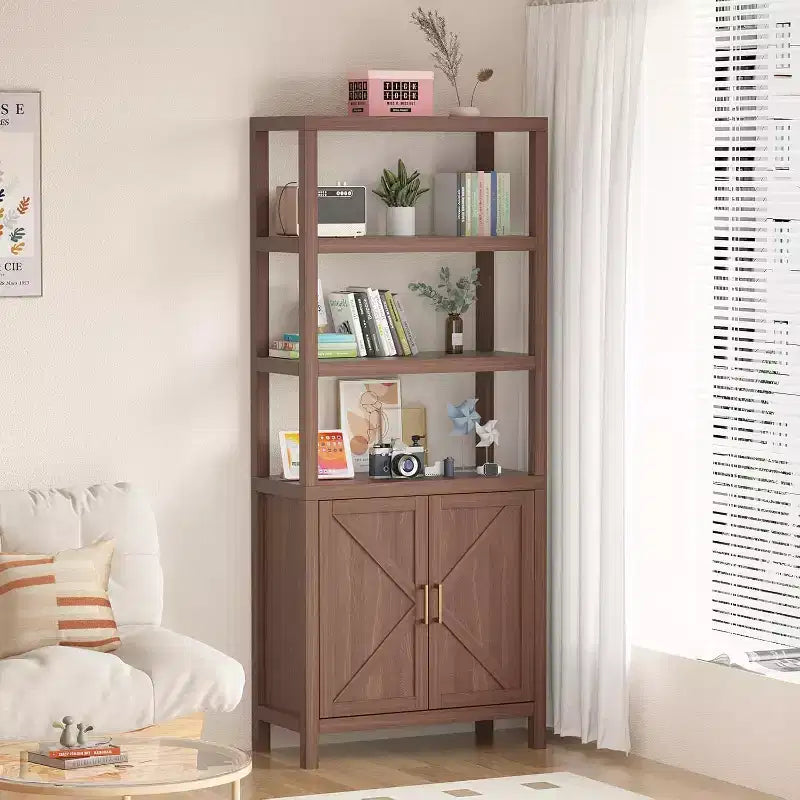 Libreria Scaffale, Libreria a 5 Ripiani in Legno con Ante, Libreria con Ripiani Regolabili, Librerie da Fattoria per Deposito Libri