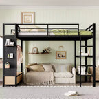 Struttura letto a soppalco Queen size con armadio, letto a soppalco in metallo con mensole e pannello forato, nero