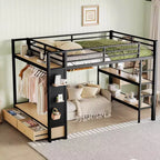 Struttura letto a soppalco Queen size con armadio, letto a soppalco in metallo con mensole e pannello forato, nero