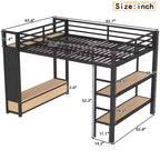 Struttura letto a soppalco Queen size con armadio, letto a soppalco in metallo con mensole e pannello forato, nero