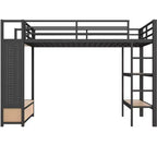 Struttura letto a soppalco Queen size con armadio, letto a soppalco in metallo con mensole e pannello forato, nero