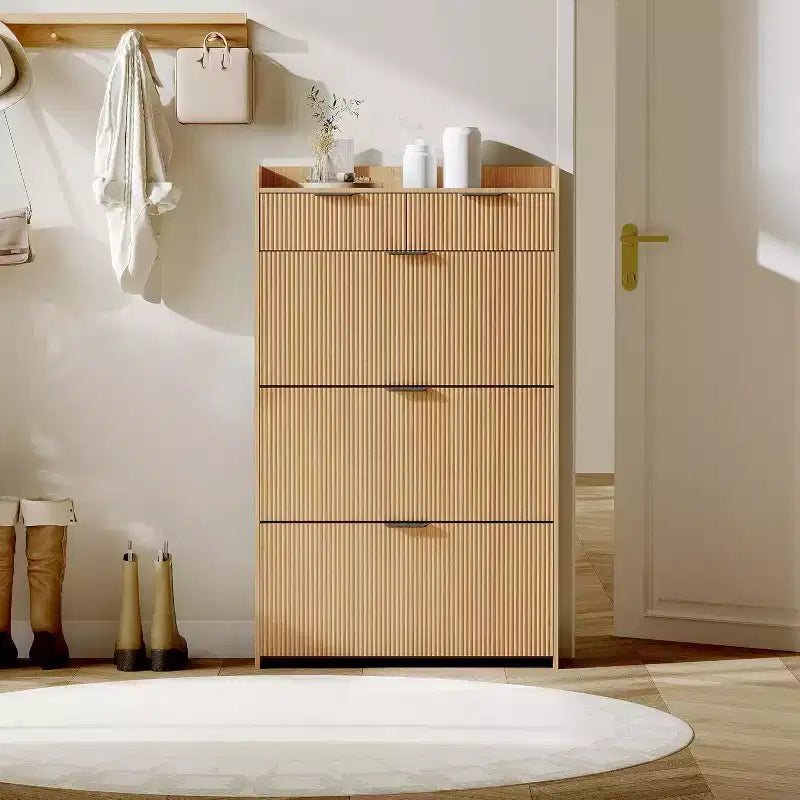 Scarpiera da 80 cm con 2 cassetti a ribalta, scarpiera sottile scanalata con ripiano regolabile, organizer autoportante in legno