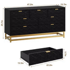 Cassettiera da camera da letto, organizer cassettiera larga 136 cm, 7 cassetti, maniglie e gambe in metallo dorato per armadi, corridoi, soggiorni, ingressi