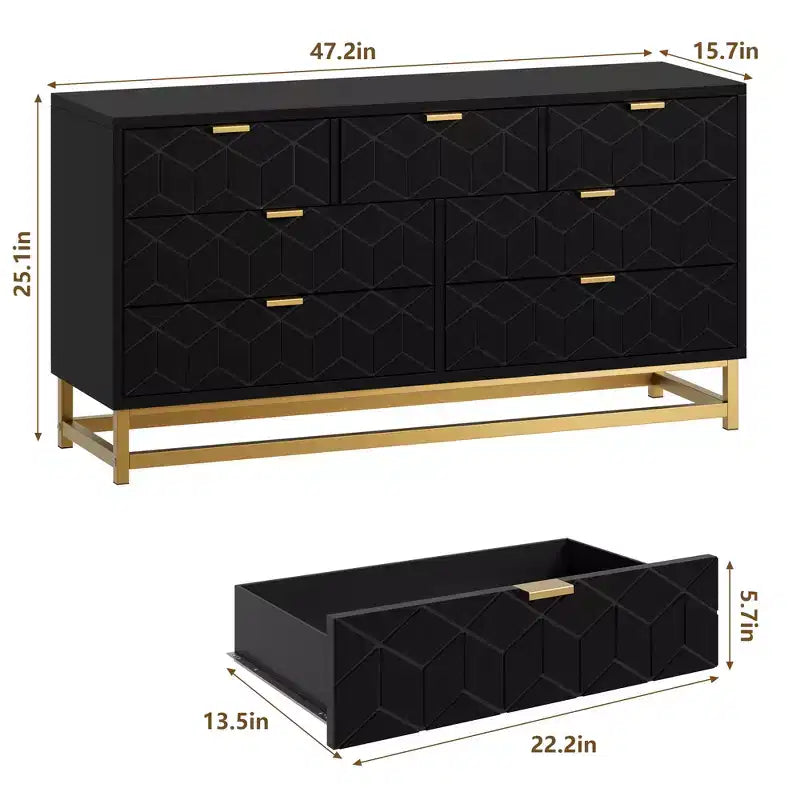 Cassettiera da camera da letto, organizer cassettiera larga 136 cm, 7 cassetti, maniglie e gambe in metallo dorato per armadi, corridoi, soggiorni, ingressi