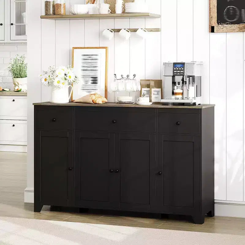 Storage cabinet, sideboard with 3 drawers and 4 doors, 55 inches with adjustable shelves for dining room living room entryway