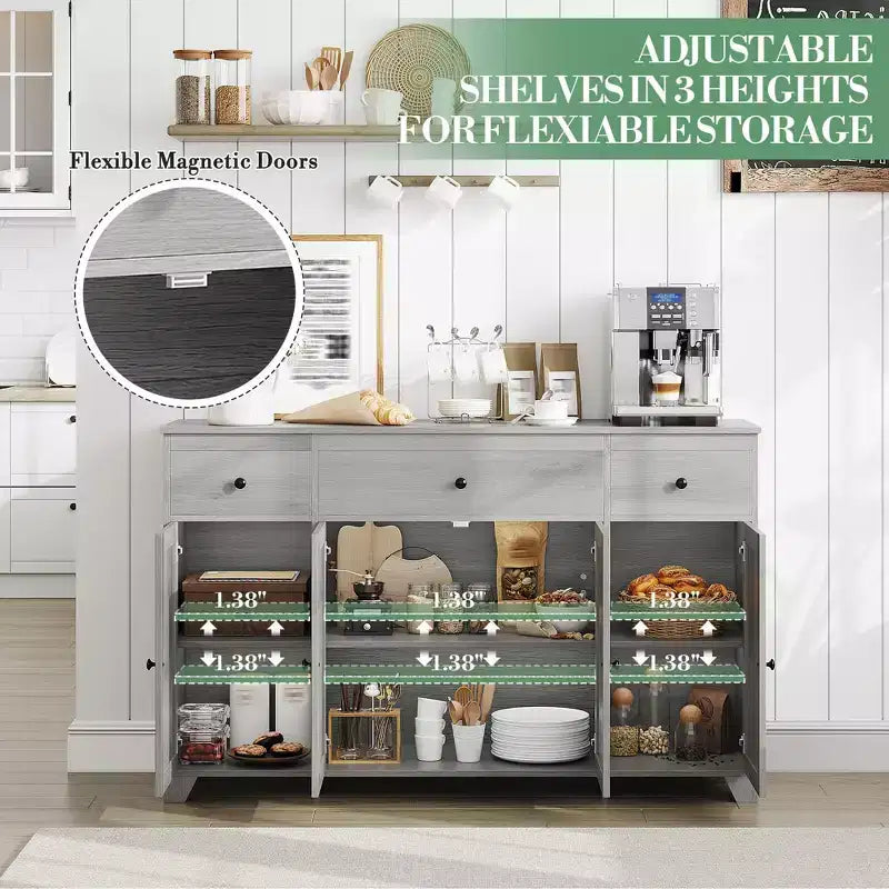 Mobile contenitore, credenza con 3 cassetti e 4 ante, 140 cm con ripiani regolabili per sala da pranzo soggiorno ingresso