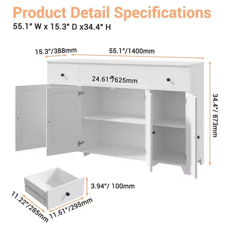 Mobile contenitore, credenza con 3 cassetti e 4 ante, 140 cm con ripiani regolabili per sala da pranzo soggiorno ingresso