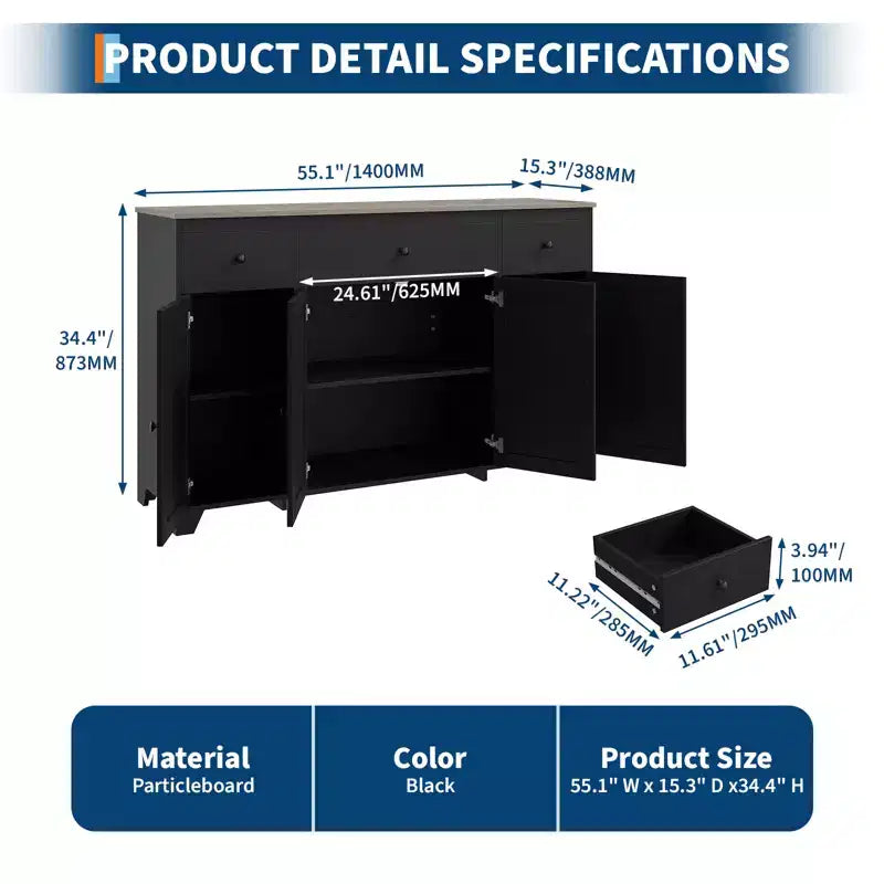 Mobile contenitore, credenza con 3 cassetti e 4 ante, 140 cm con ripiani regolabili per sala da pranzo soggiorno ingresso