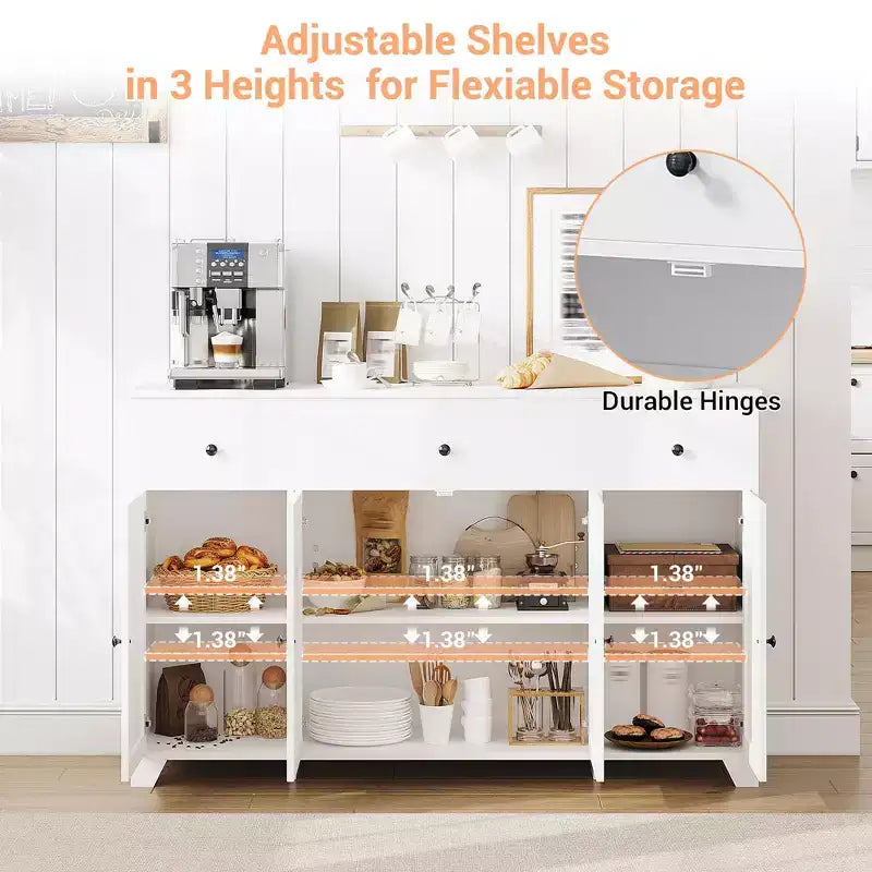 Mobile contenitore, credenza con 3 cassetti e 4 ante, 140 cm con ripiani regolabili per sala da pranzo soggiorno ingresso